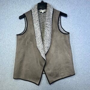 Talbots Vest Women's M Petite Khaki Faux Suede Sherpa Open‎ Front Sleeveless